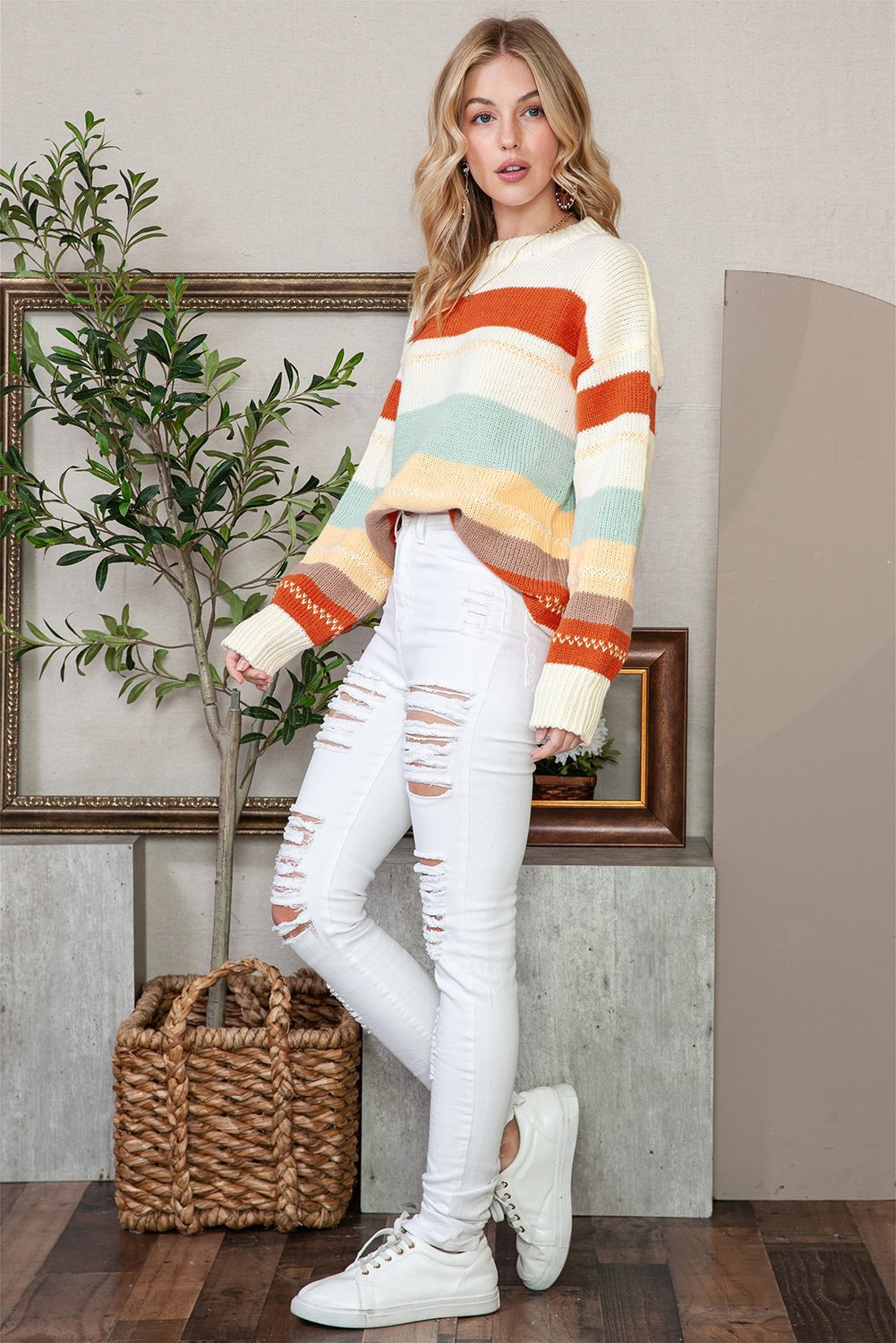 Striped Drop Shoulder Knit Sweater - Sweaters & Cardigans/Sweaters