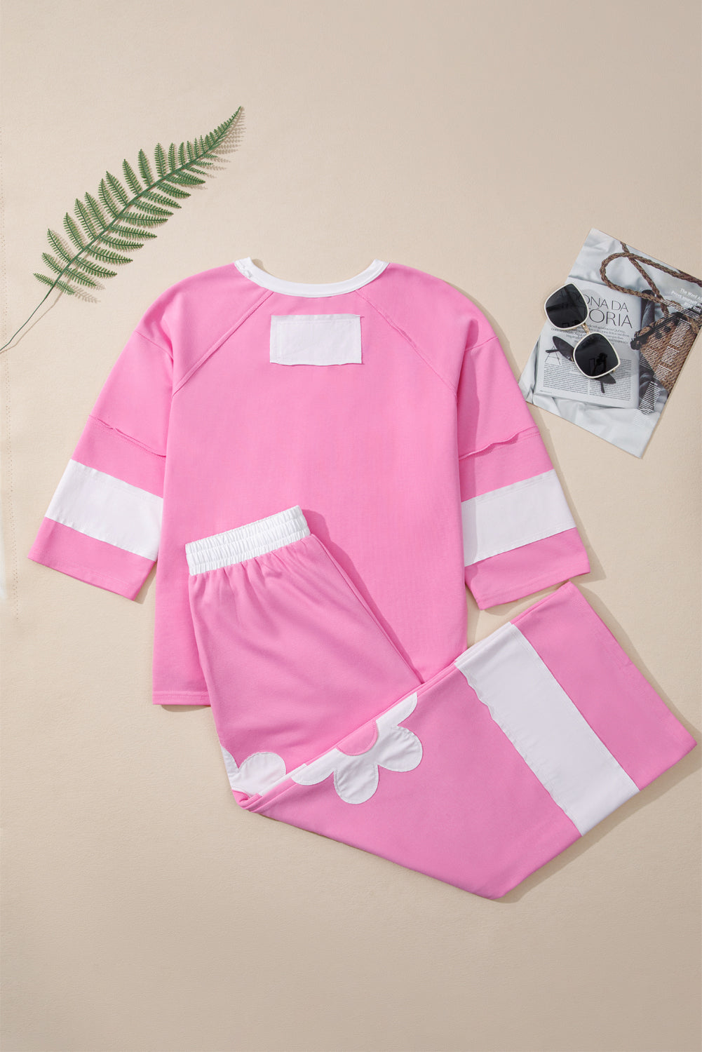 Orchid Bouquet Big Flower Patched Raw Seam Color Block 2 Piece Loose Pant Set Dear-Lover Dropshipping