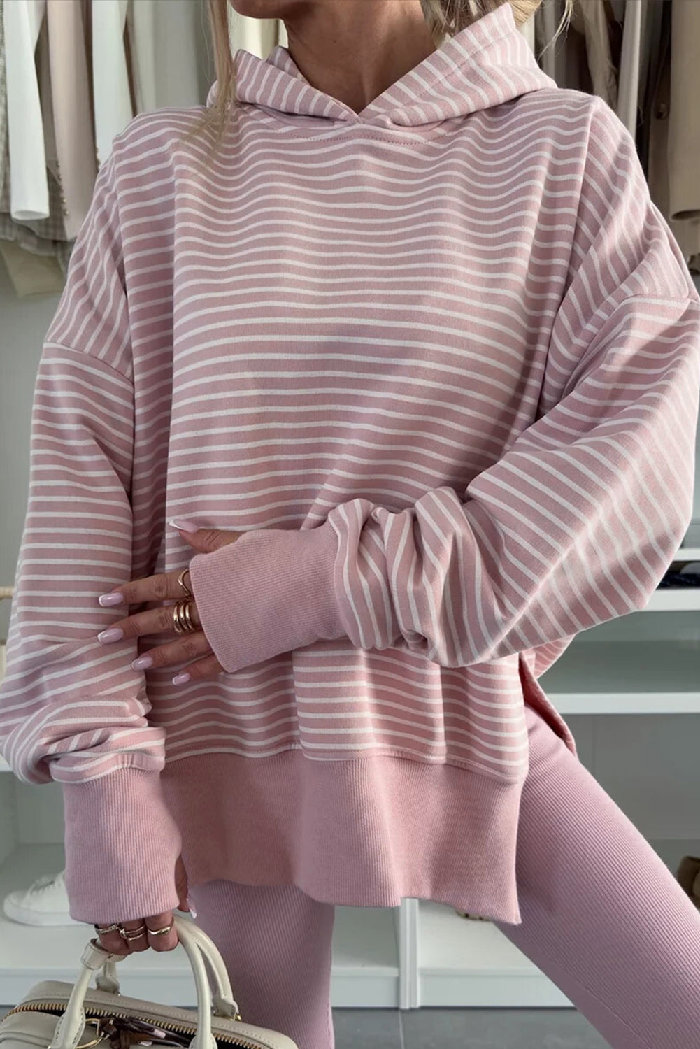 Stripe Thumbhole Side Slits Drop Shoulder Loose Fit Hoodie Dear-Lover Dropshipping
