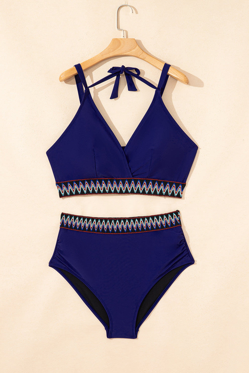 Navy Blue Embroidered Trim Wrap Tie Knot Plus Size High Waisted Bikini BB Fashion Outlet