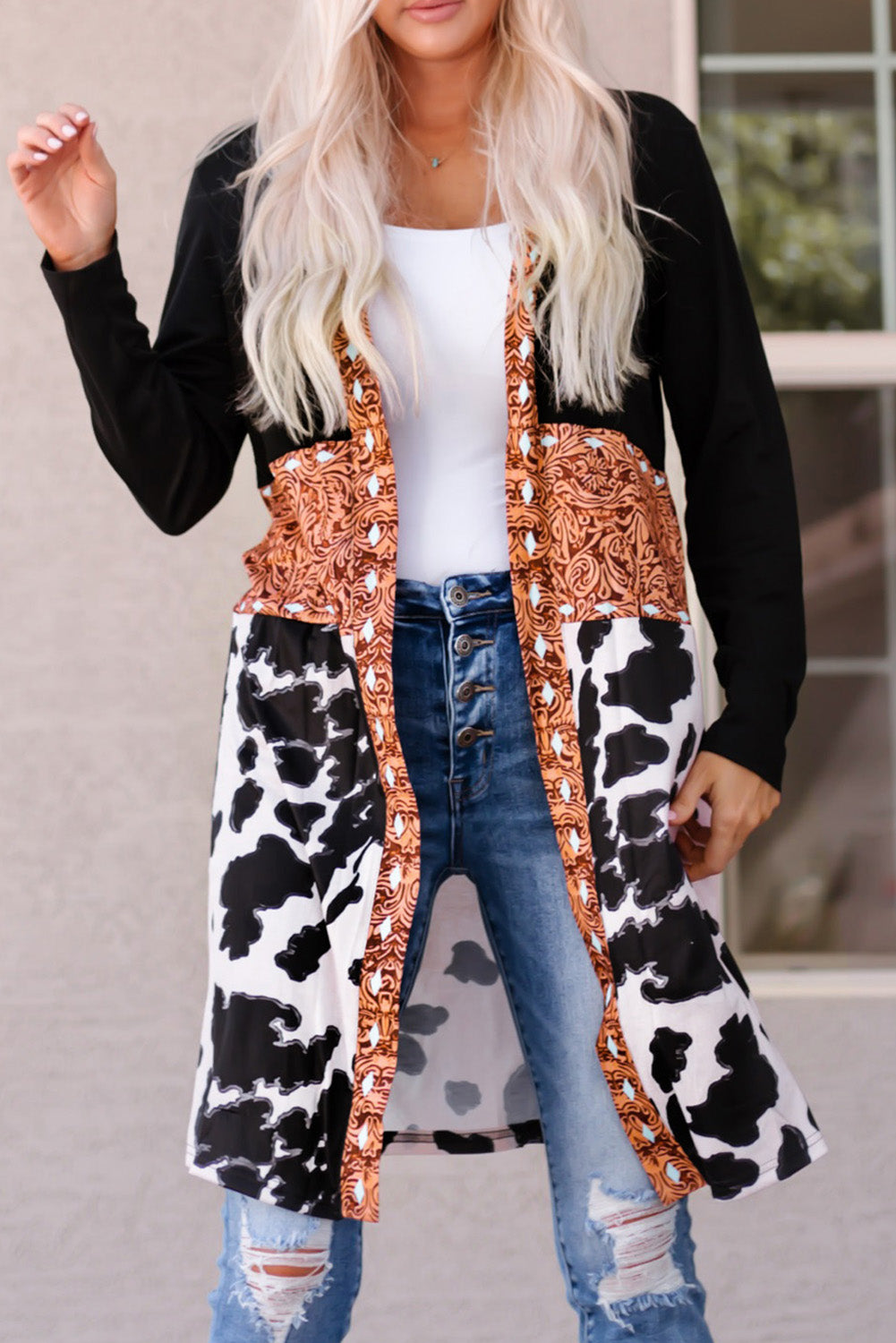 Black Western Pattern Cow Patchwork Open Front Cardigan eAura