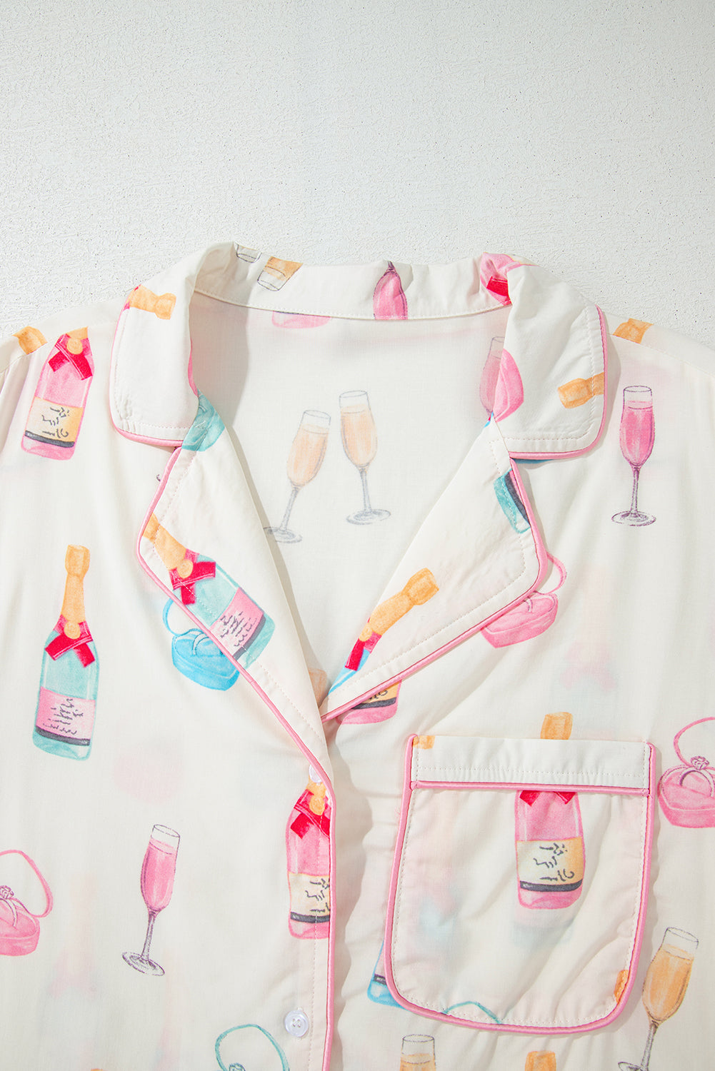 White Christmas Wine Glass Print Bow Knot Two Piece Pyjama Set - eAura