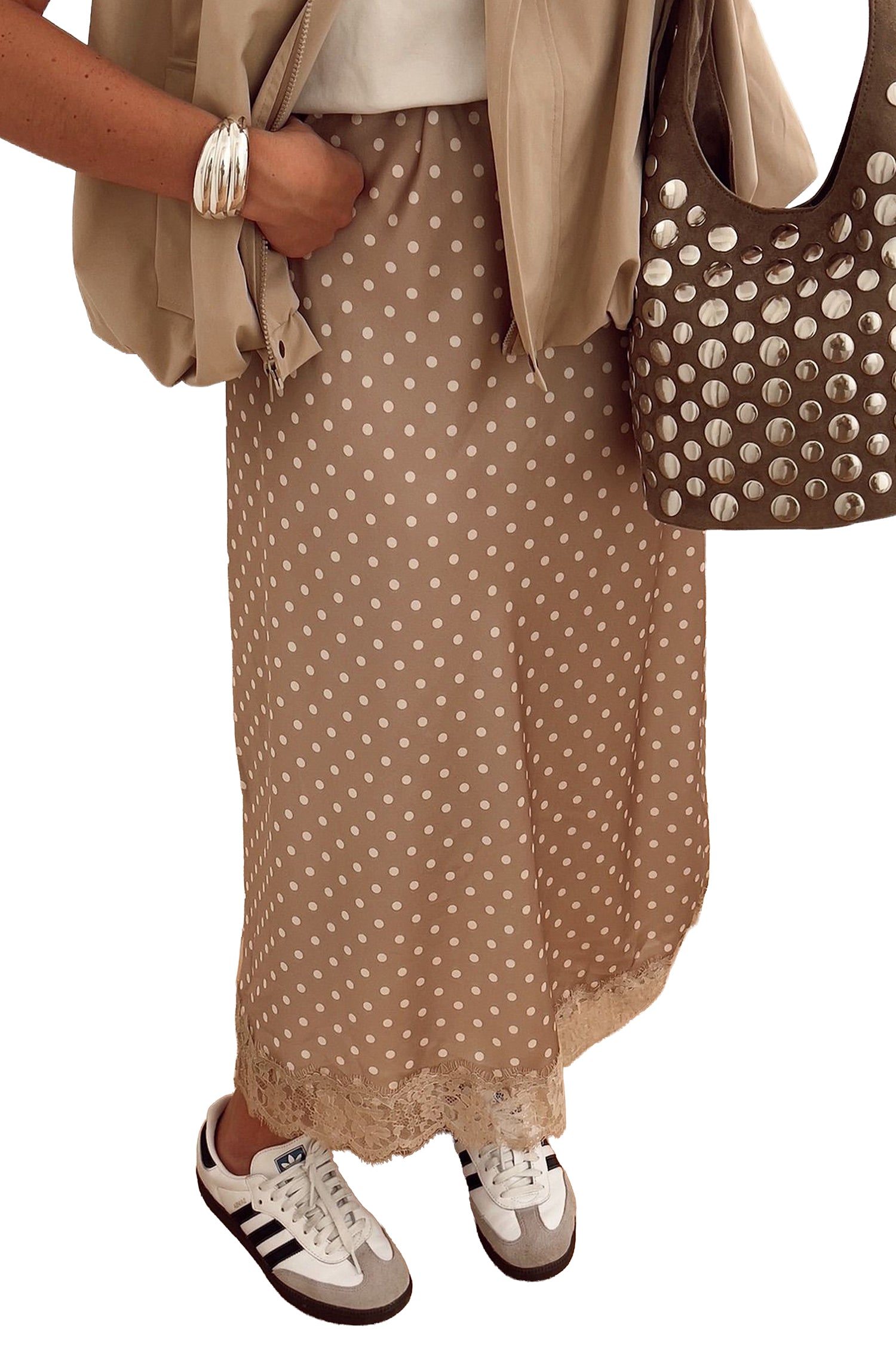 Polka Dot Lace Hem Elegant Long Shift Skirt – Khaki