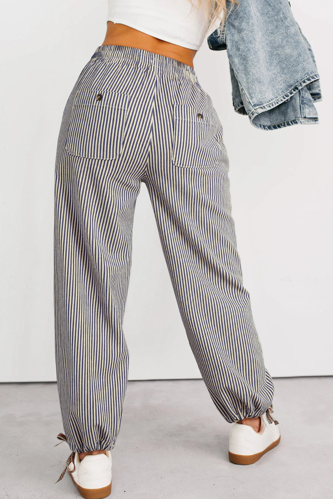 Stripe Button Patch Pocket Drawstring Elastic Waist Loose Pants - eAura
