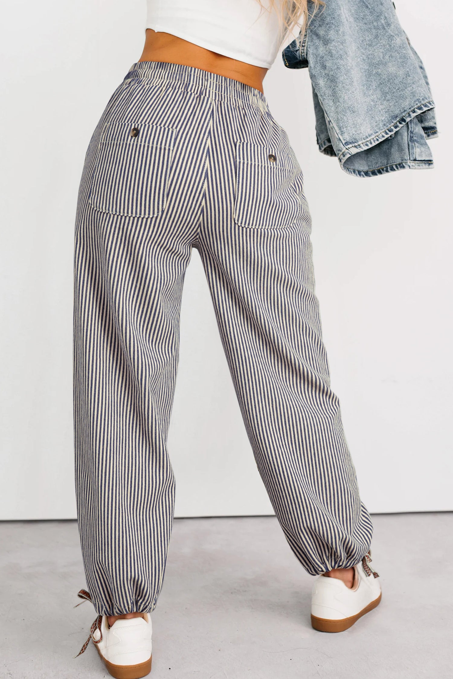 Stripe Button Patch Pocket Drawstring Elastic Waist Loose Pants - eAura