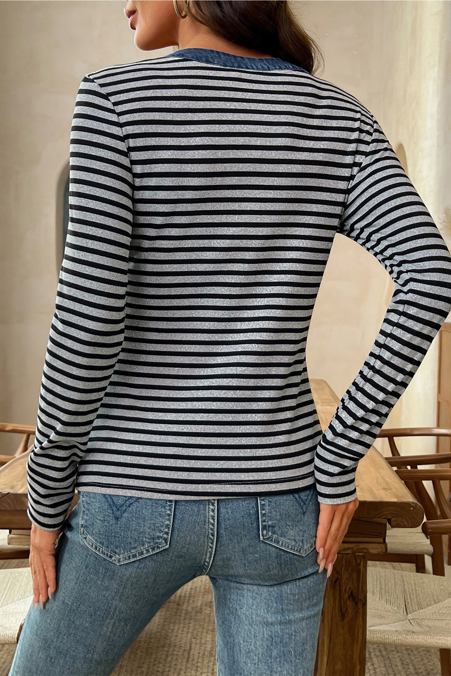 Denim Contrast Collar Half Button Long Sleeve Top – Gray Stripe