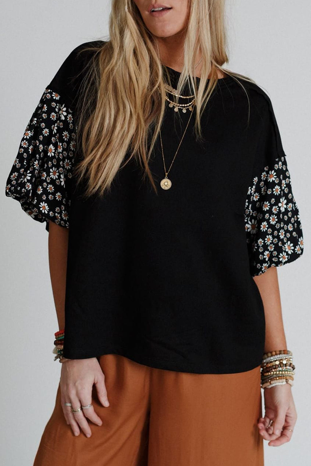Black Contrast Floral Puff Sleeve Oversized Top eAura