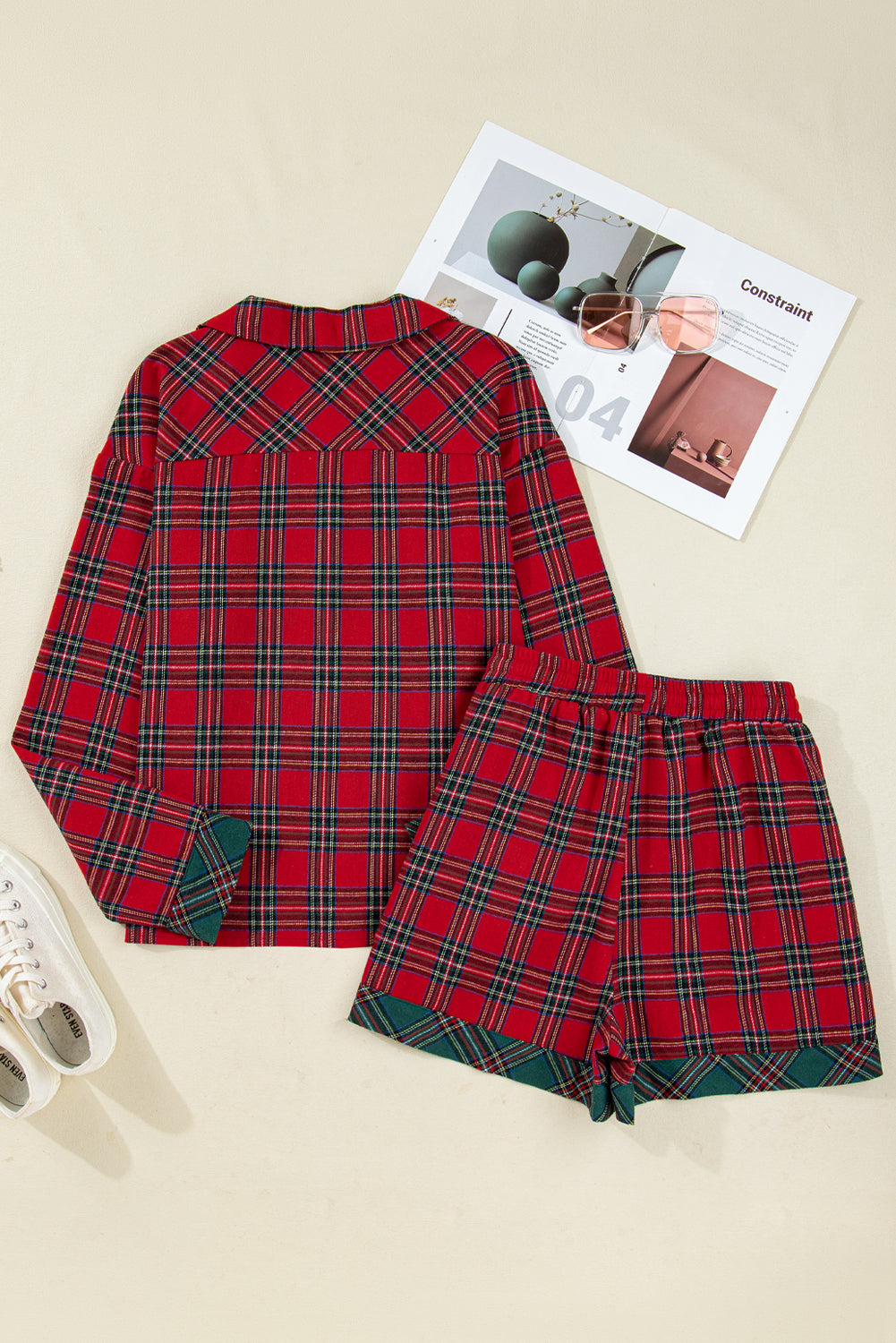 Red Plaid Contrast Christmas Holiday Long Sleeve Shirt and Short Pyjamas - eAura