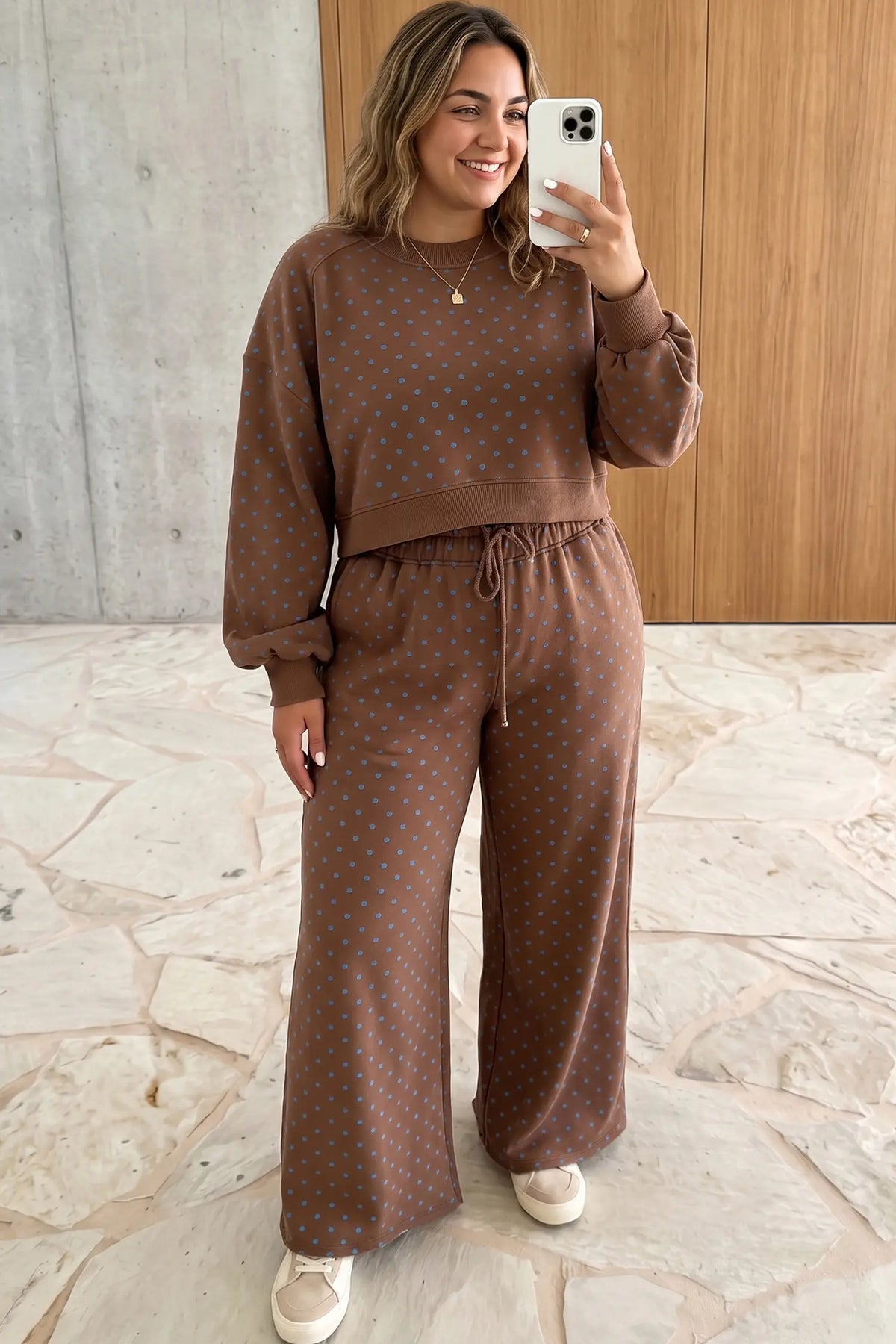 Polka Dot Round Neck Long Sleeve Plus Size Set – Brown