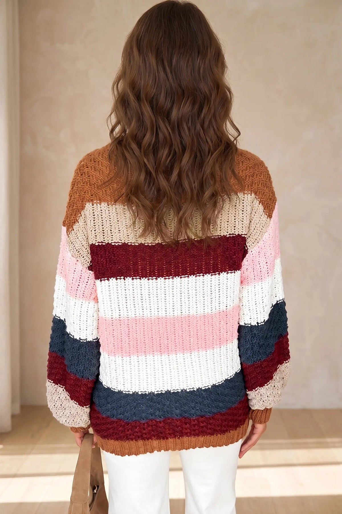 Striped Knit Dropped Shoulder Round Neck Pullover Sweater