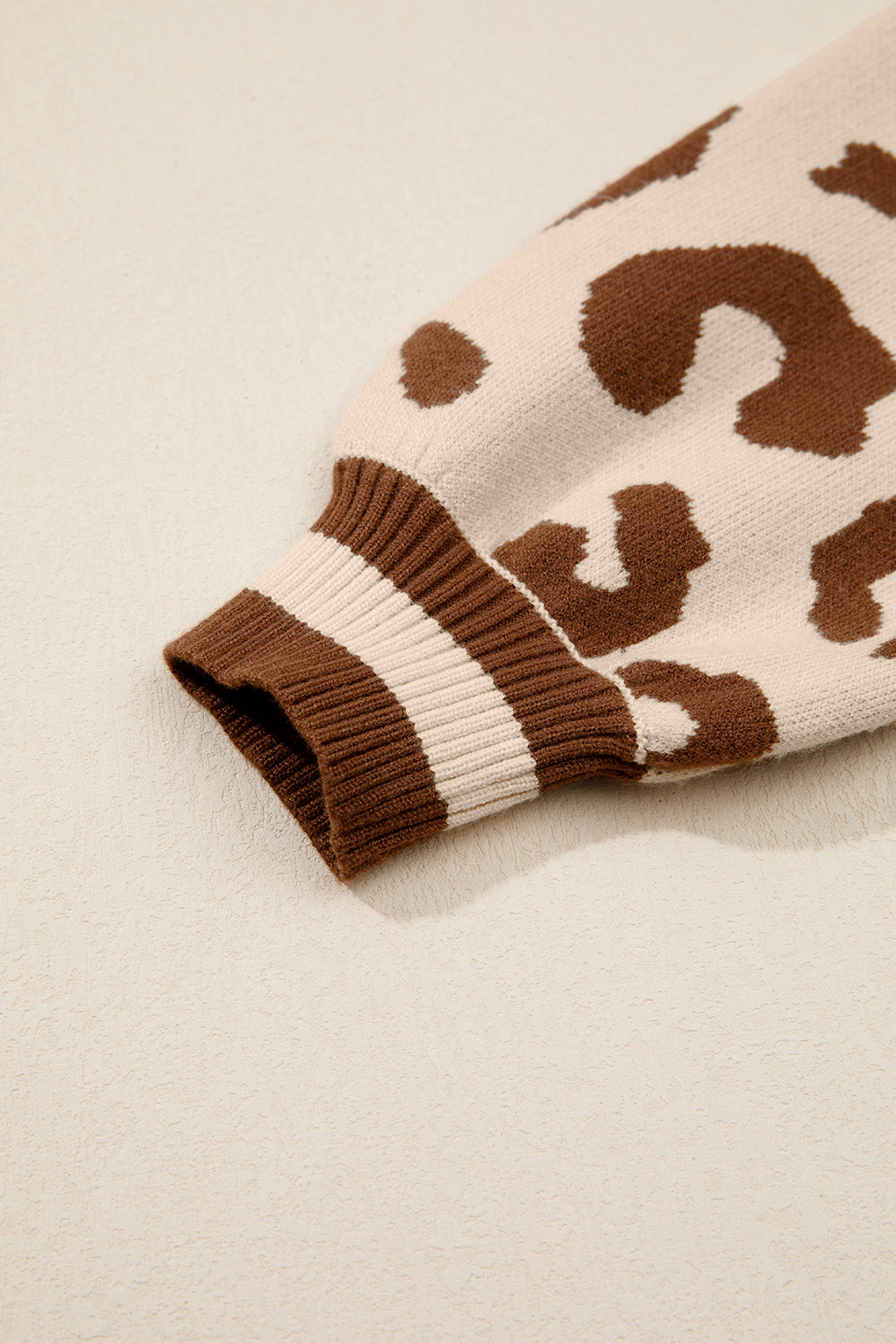 Beige Leopard Printed Knit V-Neck Casual Sweater - eAura