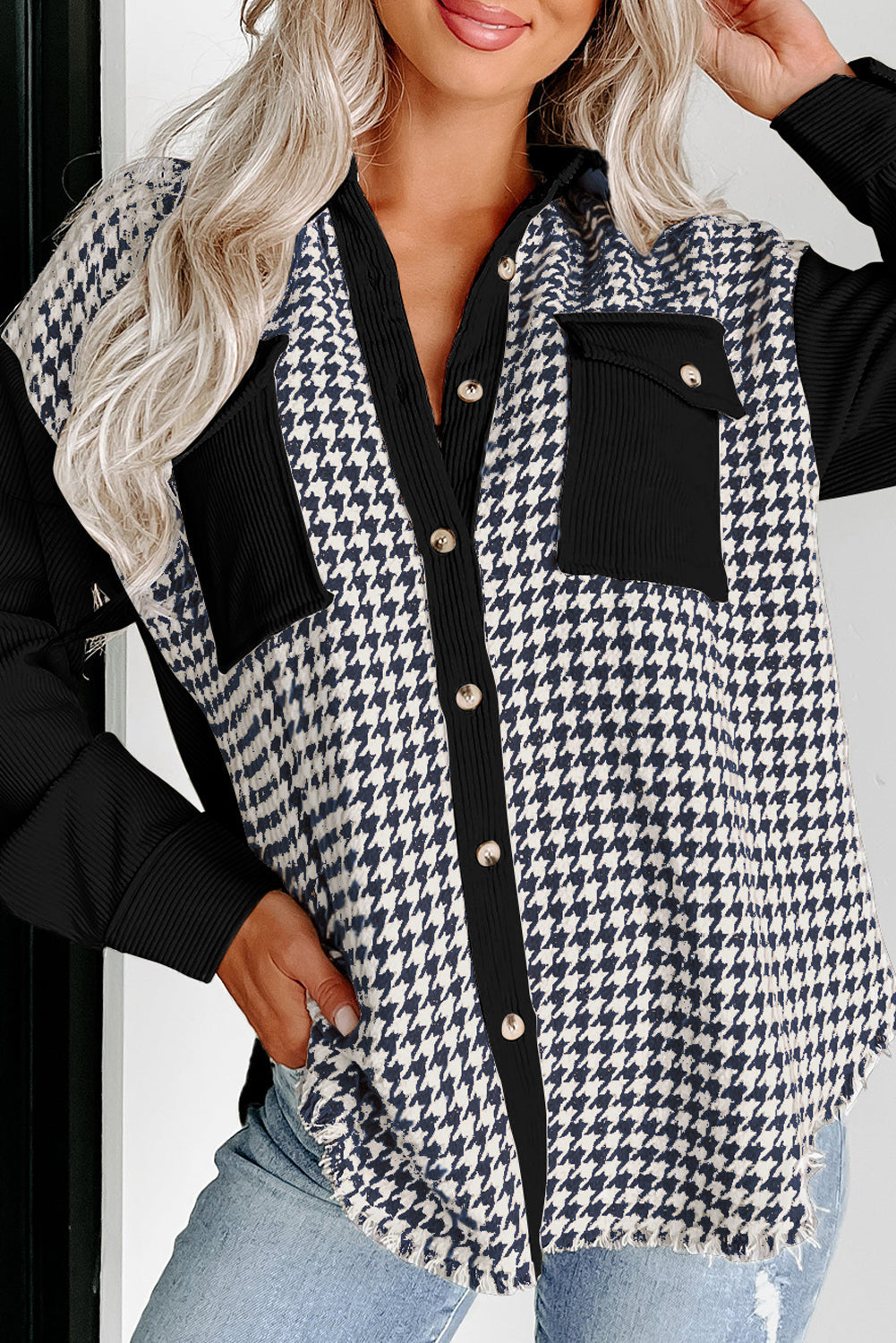 Black Houndstooth Corduroy Patchwork Flap Pocket Shacket eAura