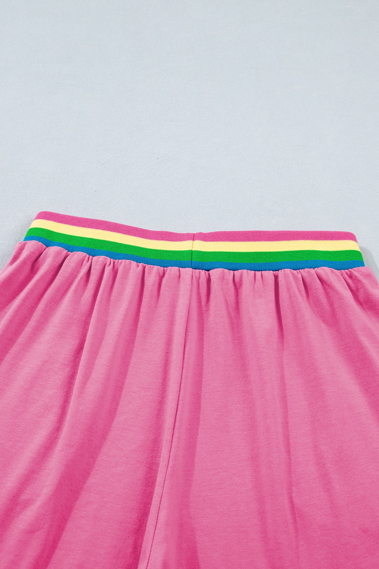 Seam Detail Raw Edge Tee Rainbow Waistband Casual Short Set