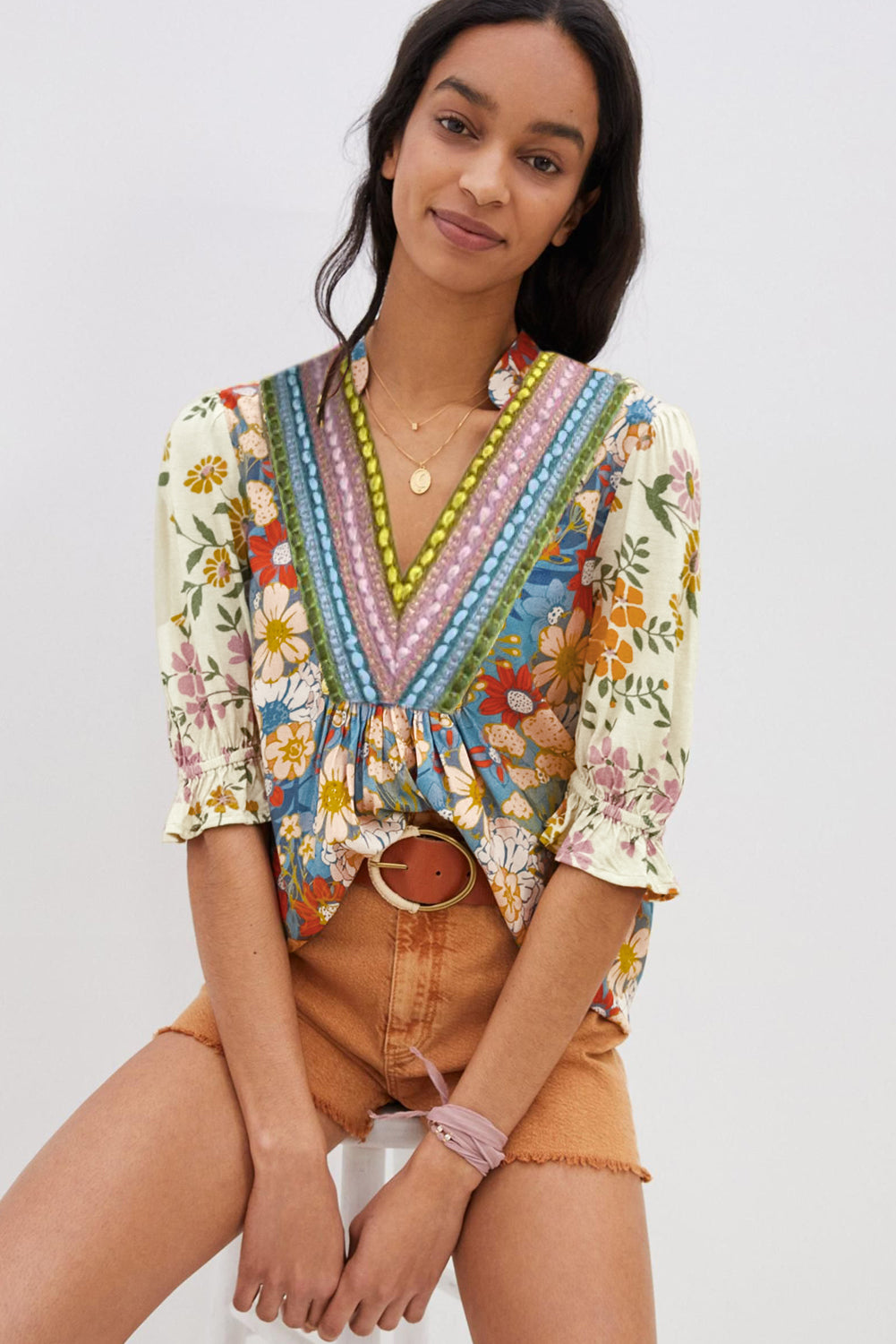 Multicolour Crochet V Neck Half Sleeve Boho Floral Blouse Dear-Lover Dropshipping