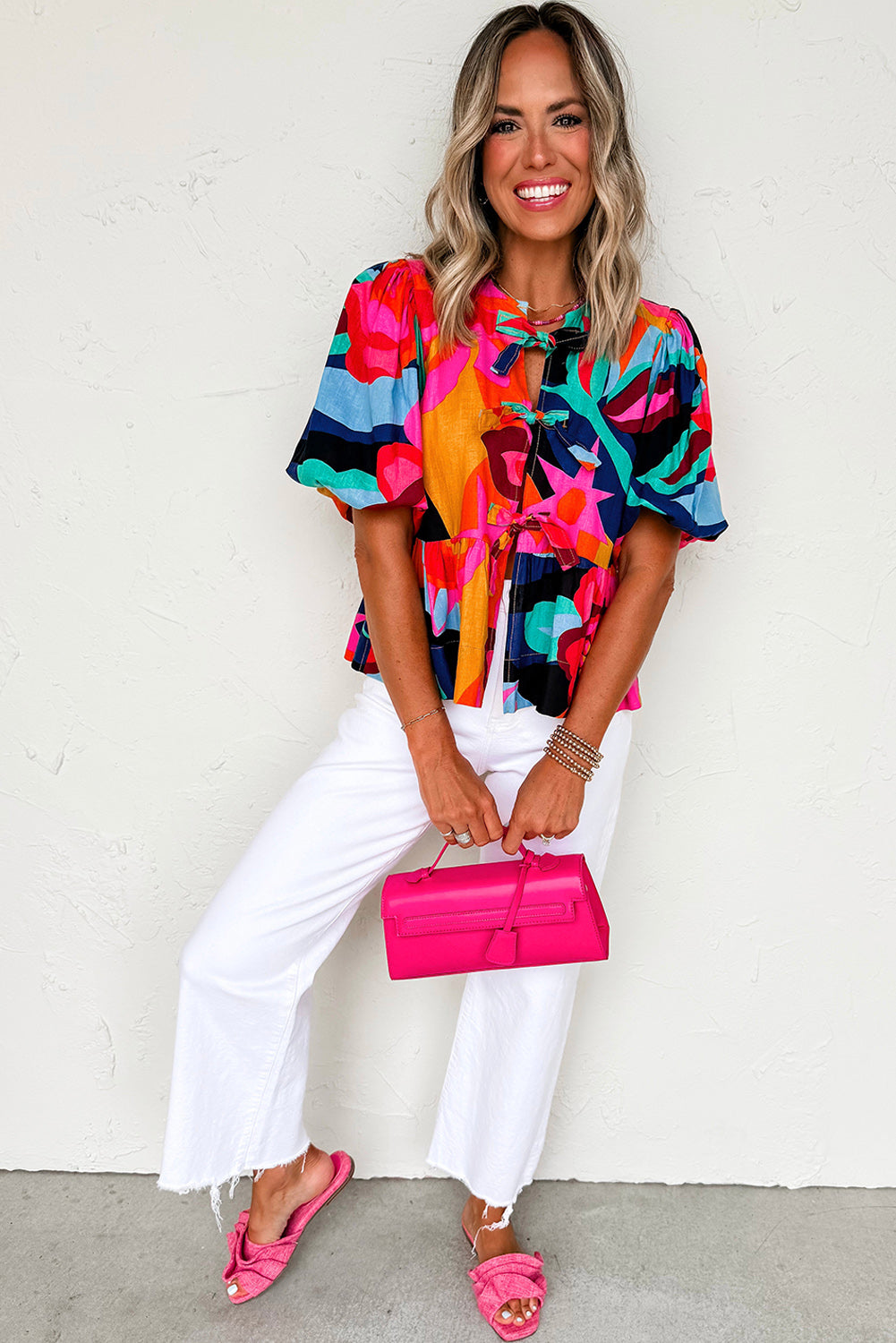 Abstract Floral Print Front Tied Puff Sleeve Babydoll Blouse - eAura
