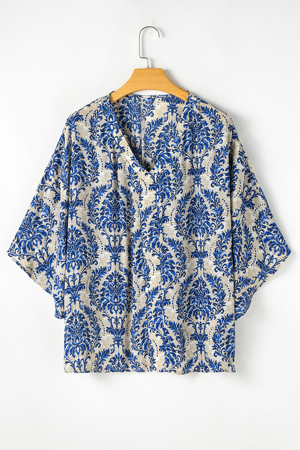 Blue Plus Size Ethnic Printed 3/4 Sleeve V Neck Loose Blouse BB Fashion Outlet
