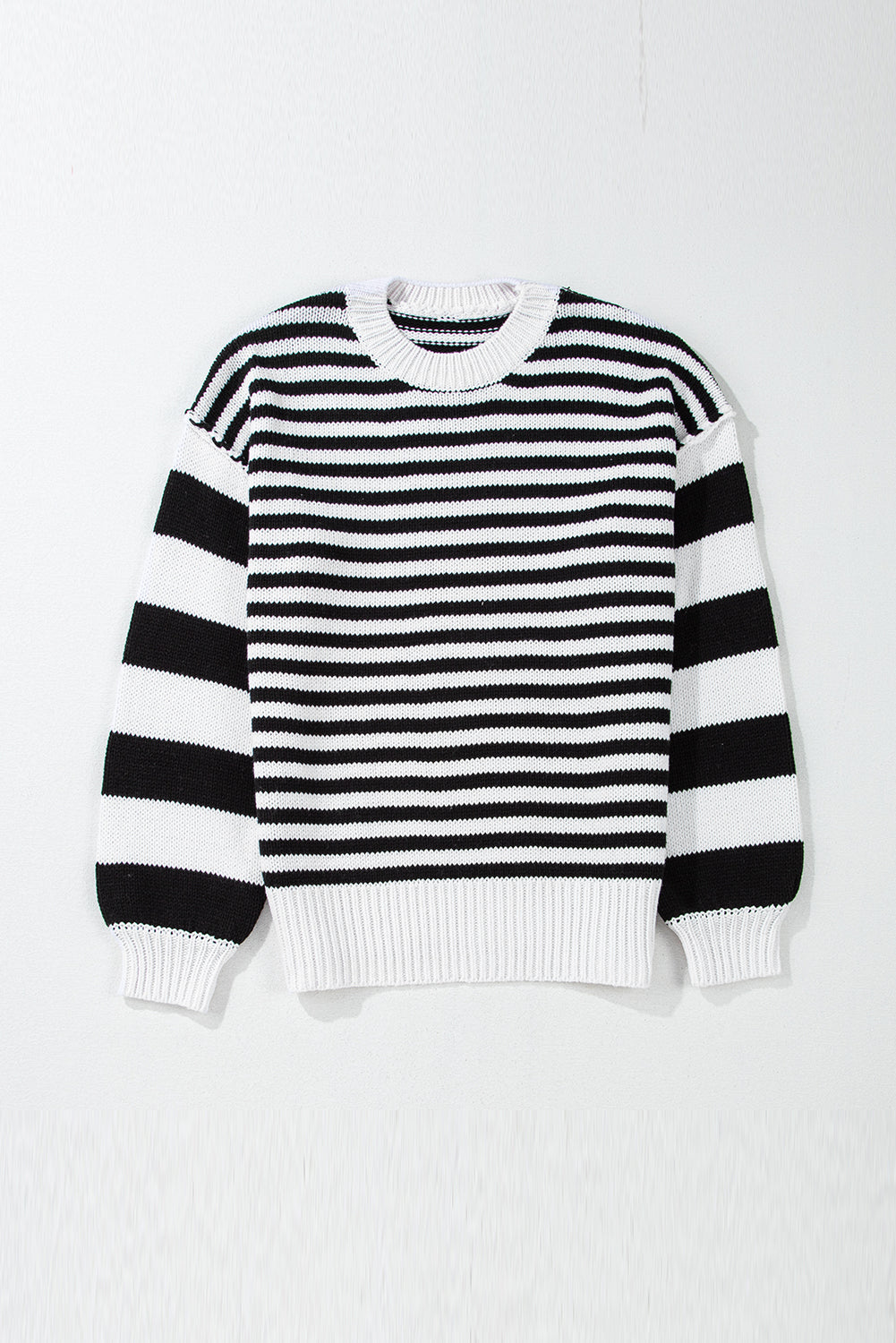 Black white Striped Drop Shoulder Bishop Sleeve Knit Sweater eAura