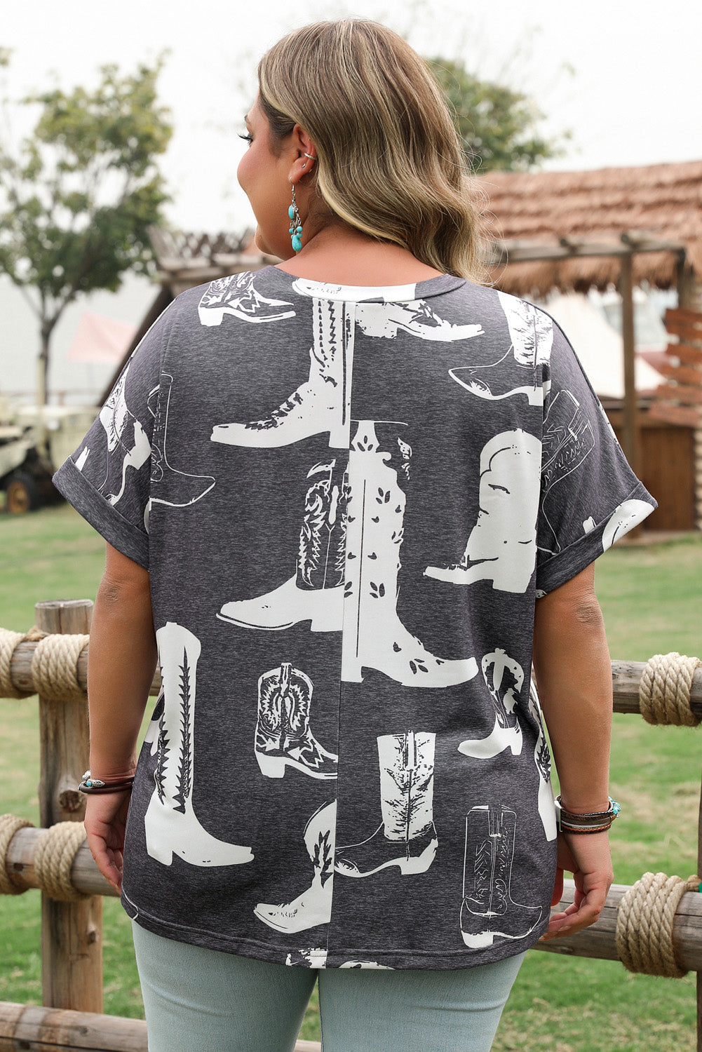 Grey Plus Size Western Boots Print Crew Neck T Shirt BB Fashion Outlet