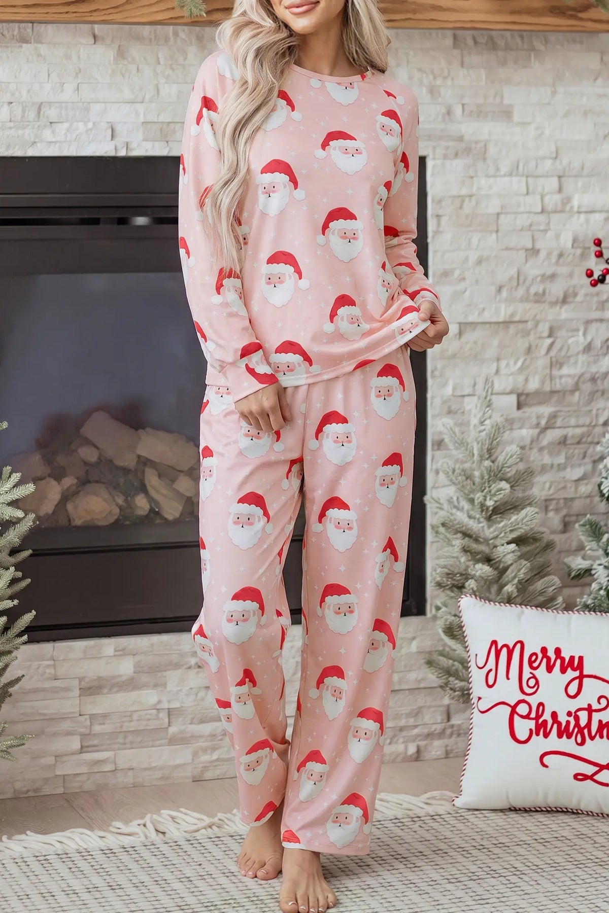 Long Sleeve Two-Piece Shift Lounge Set — Abstract Santa Pattern