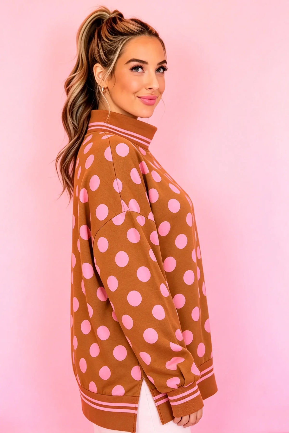 Mock Neck Sweatshirt - Polka Dot Striped Trim