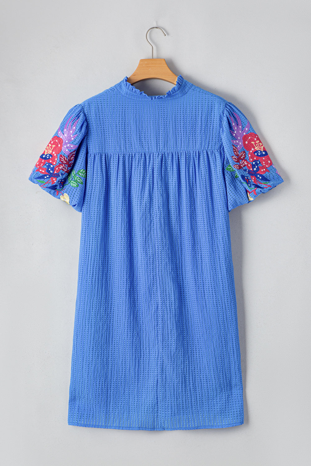Sky Blue Plus Size Floral Embroidered Puff Sleeve Gingham Mini Dress BB Fashion Outlet