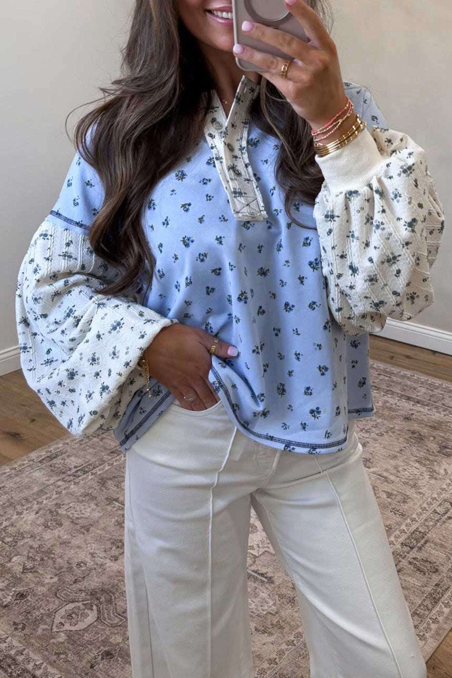 Sky Blue Floral Print Contrast Long Sleeve Tops – Light Blue