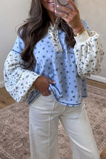 Sky Blue Floral Print Contrast Long Sleeve Tops – Light Blue