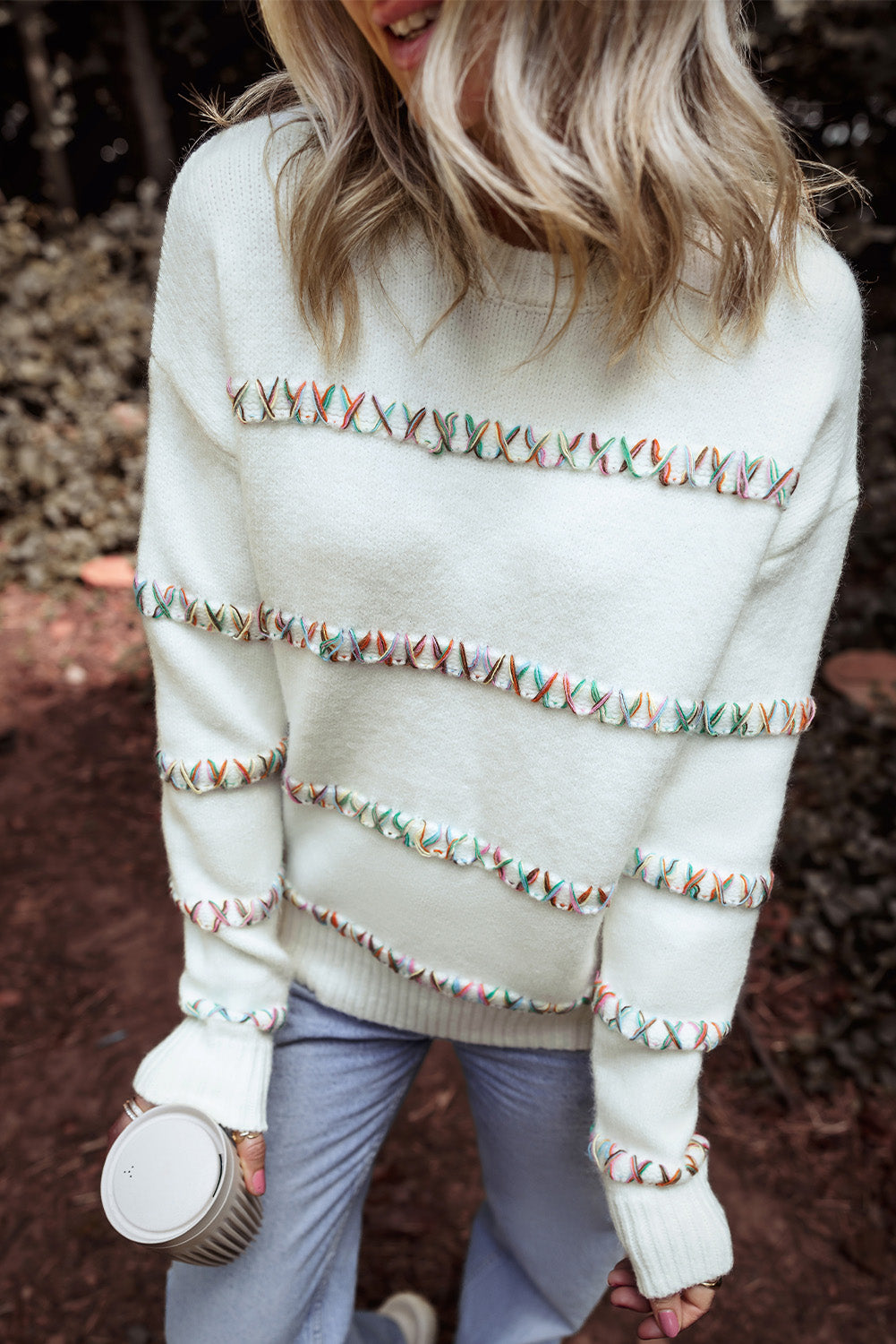White Colourful Crossed Stitch Drop Shoulder Sweater eAura