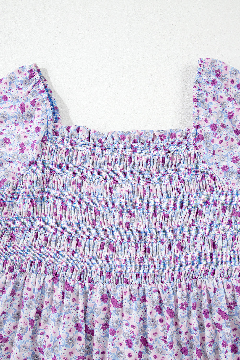 Purple Floral Short Bubble Sleeve Shirred High Waist Maxi Dress eAura