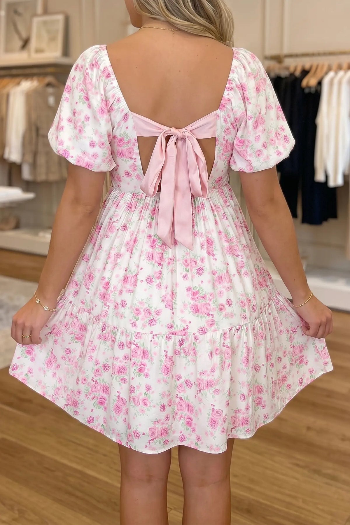 Floral Print Square Neck Ribbon Knot Back Cute Mini Dress – Pink