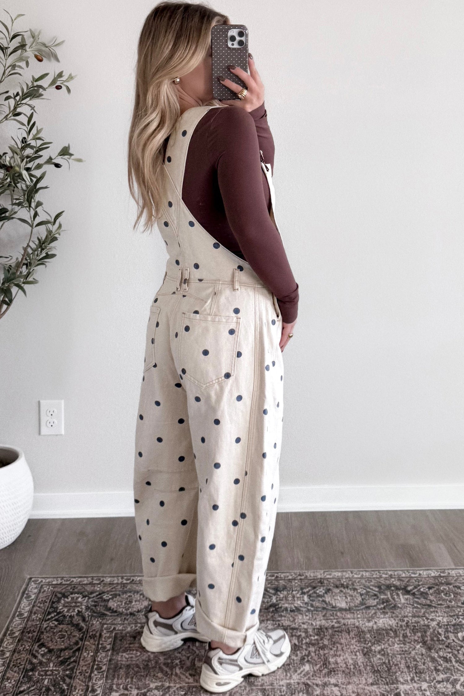 Polka Dot Print Bib Pocket Denim Barrel Overalls