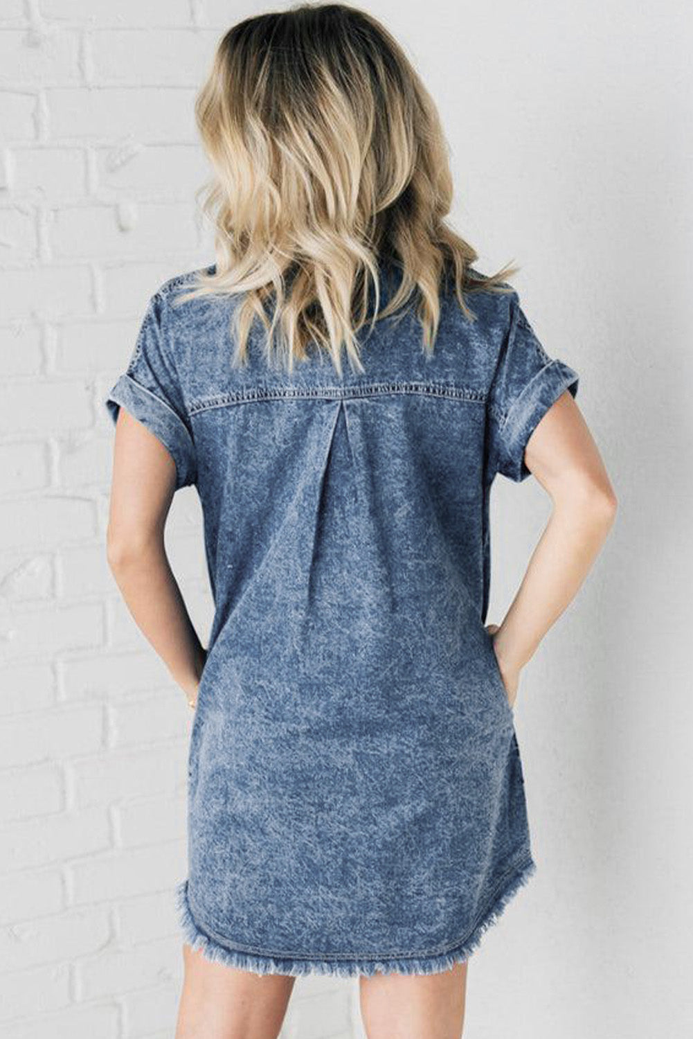 Blue Mineral Wash Cuffed Sleeve Frayed Hem Denim Dress eAura