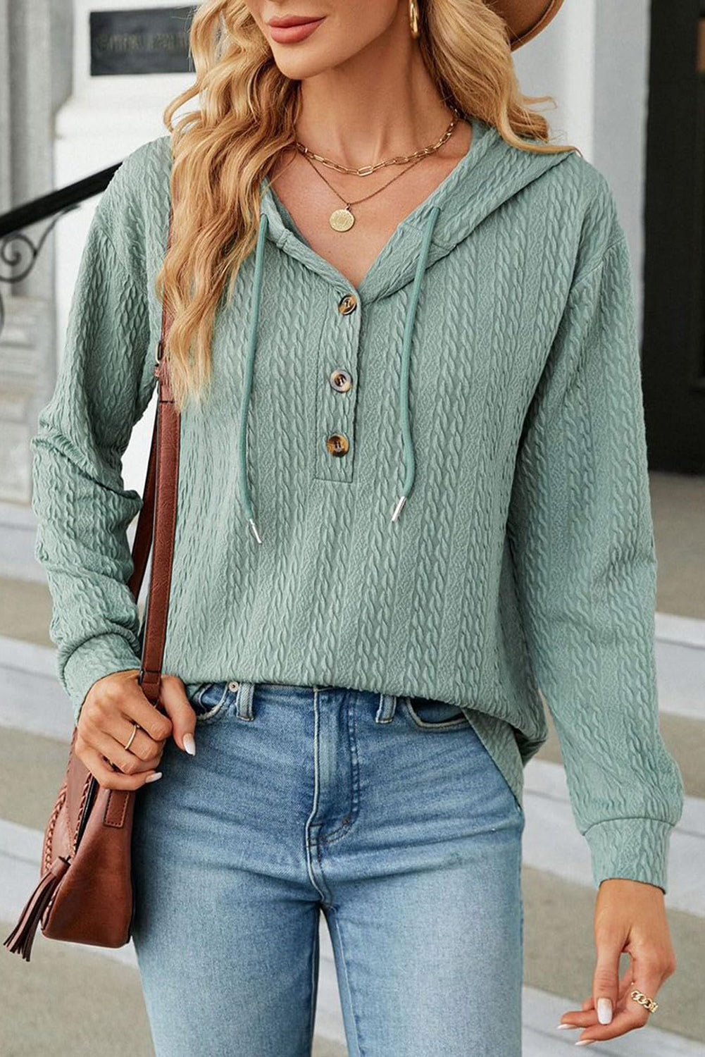 Mint Green Button Front Textured Drawstring Hooded Long Sleeve Top eAura
