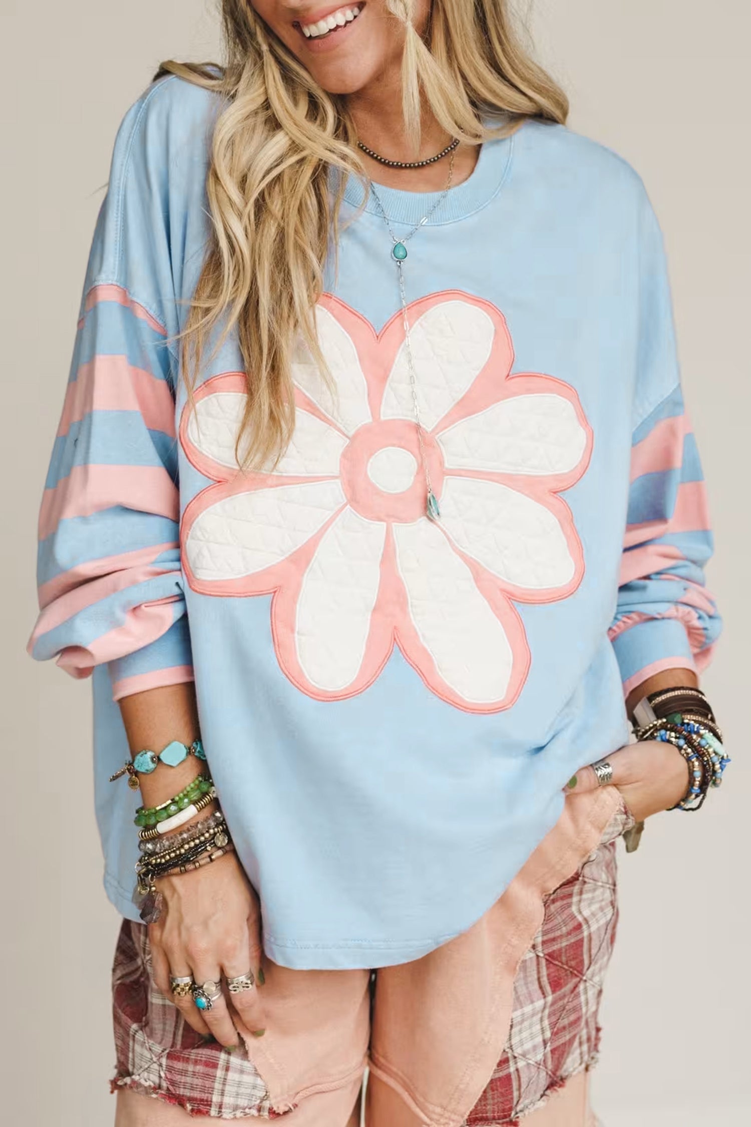 Big Flower Patch Drop Shoulder Long Sleeve Top - eAura