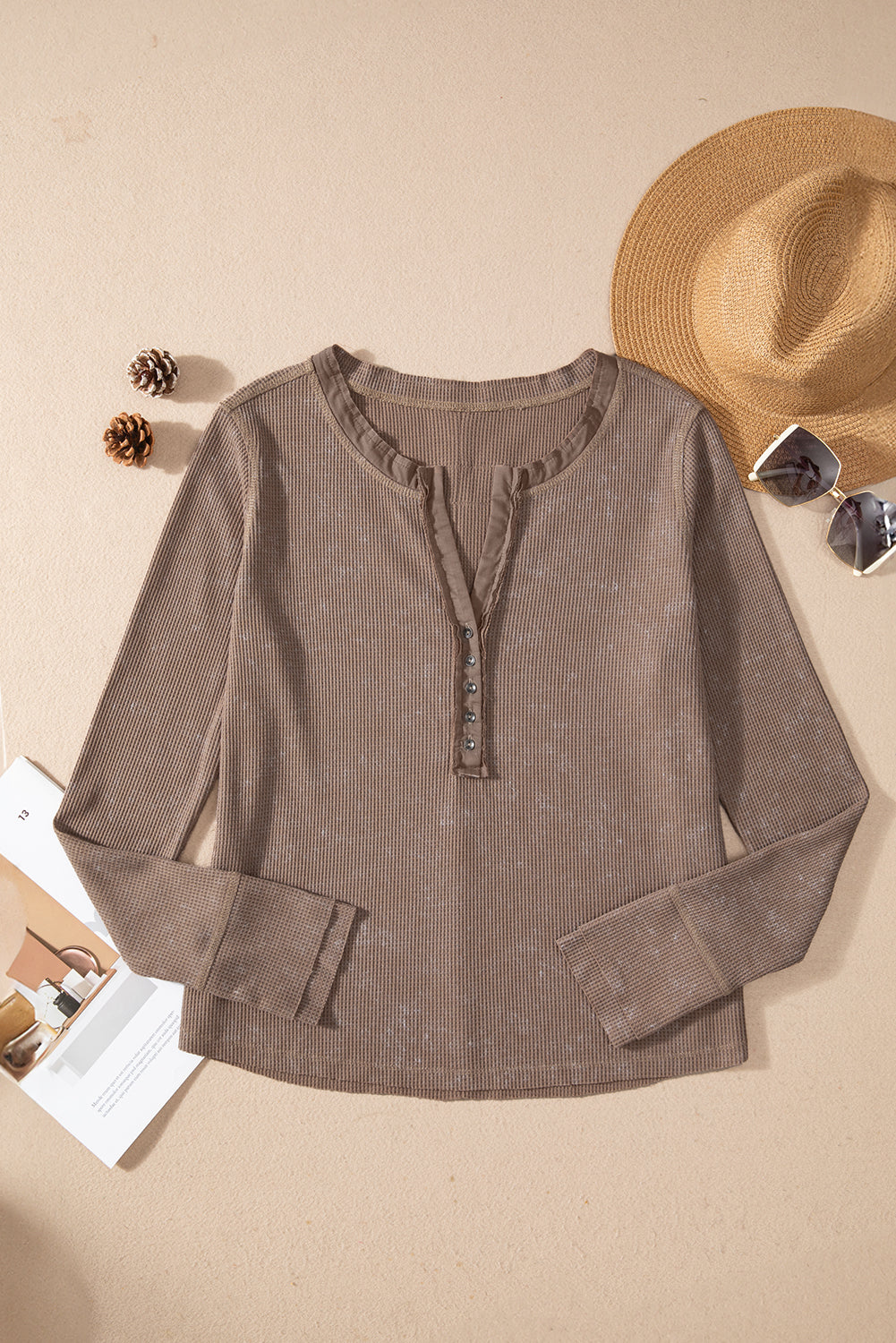 Smoke Green Acid Wash Waffle Knit Buttoned Neckline Long Sleeve Top Beagle Boutique Fashion Outlet