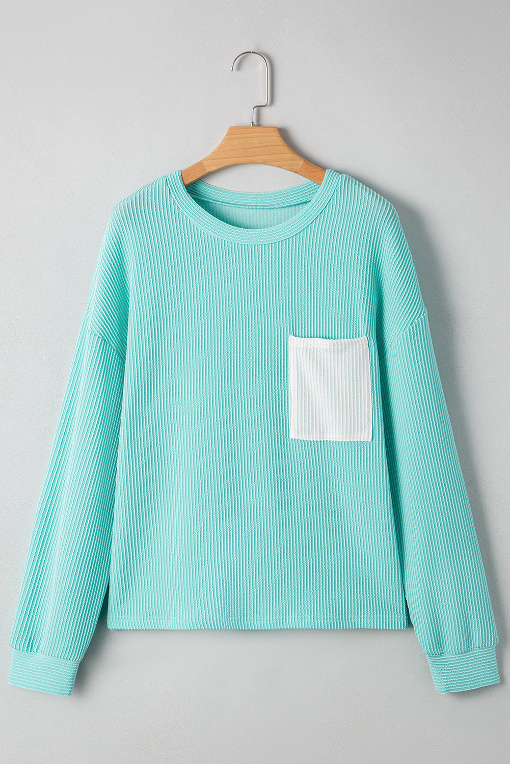 Ribbed Textured Contrast Patched Pocket Long Sleeve Top - eAura