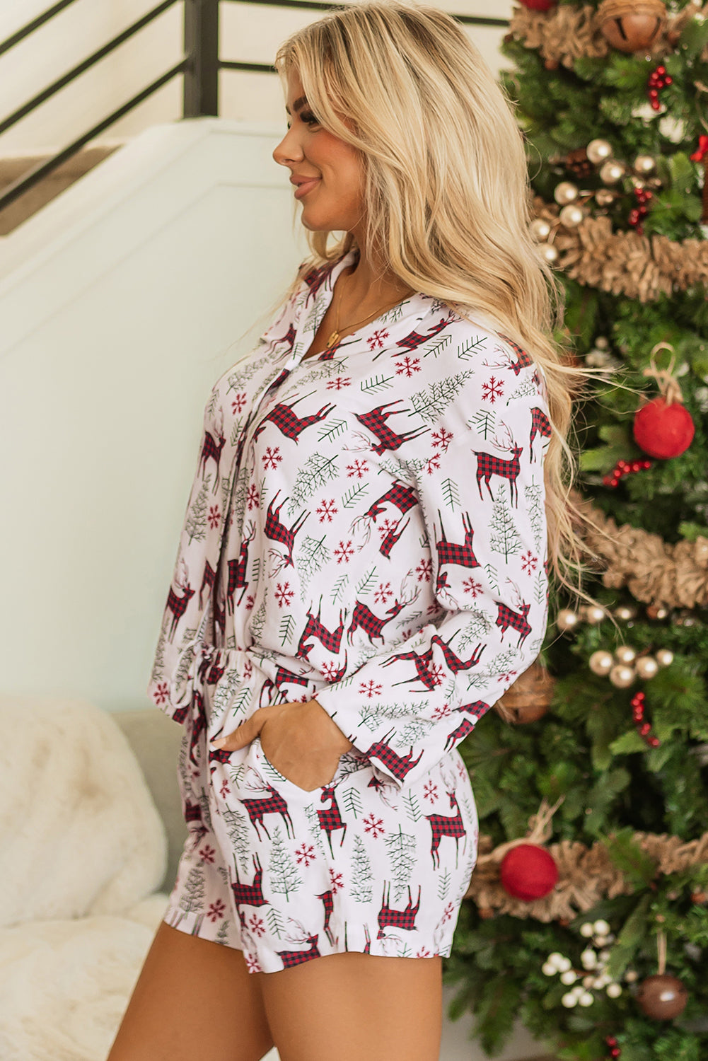 White Christmas Deer Print Shirt and Shorts Pyjama Set - eAura