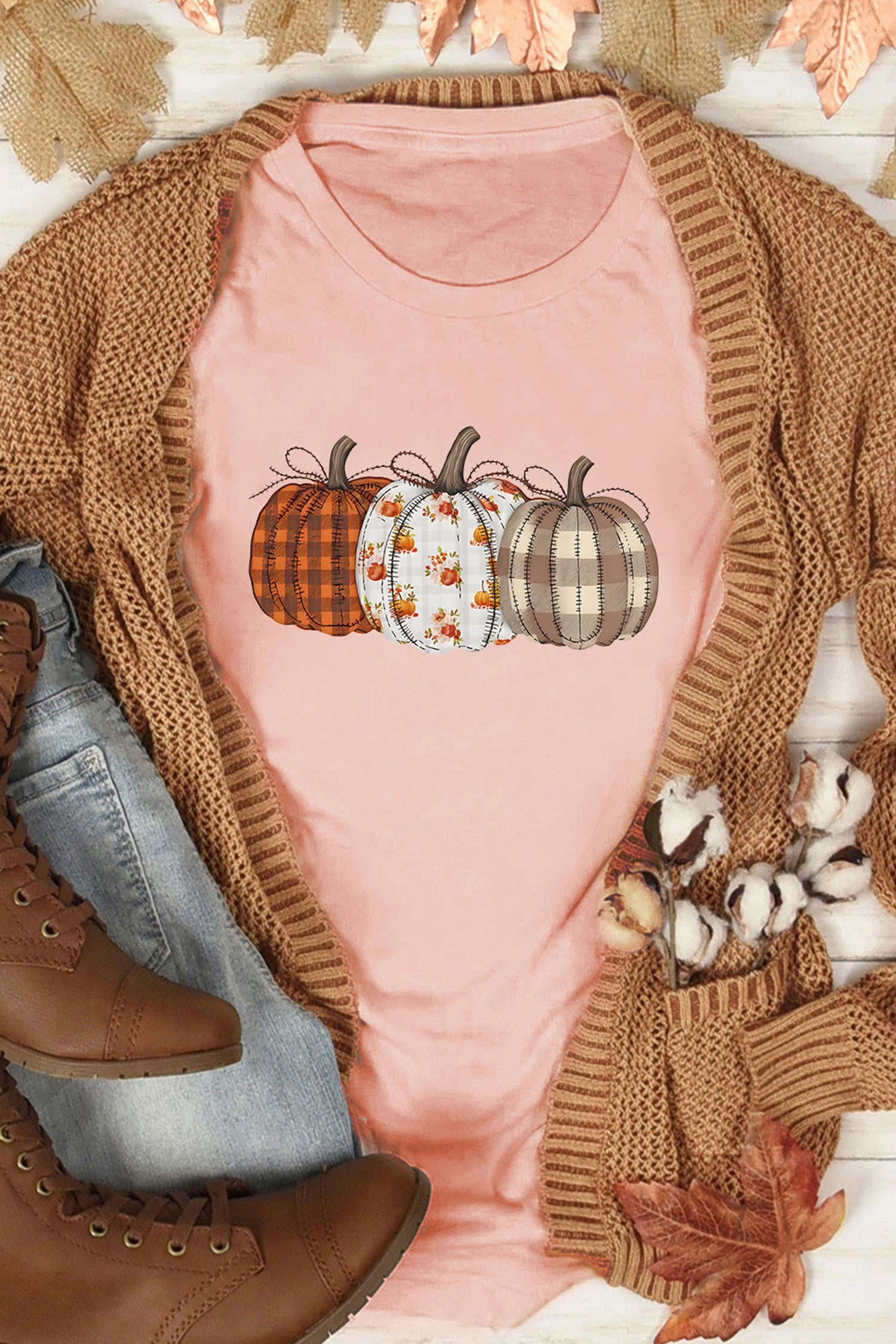 Mix Pattern Pumpkin Print Round Neck T Shirt – Pink
