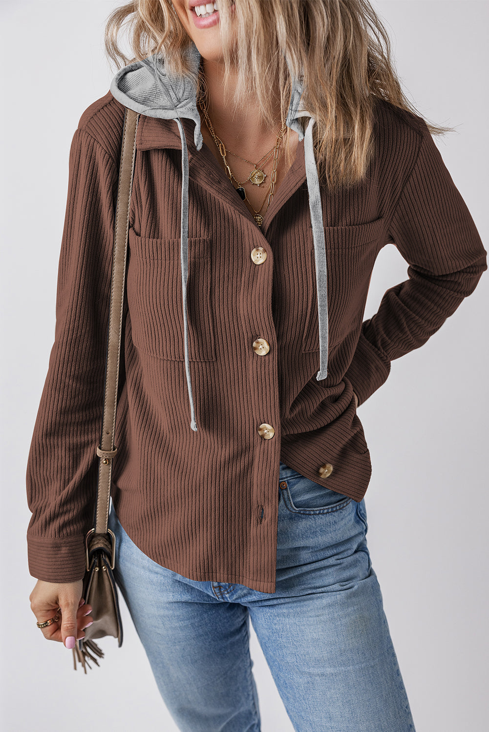 Coffee Hooded Drawstring Pockets Corduroy Shacket eAura