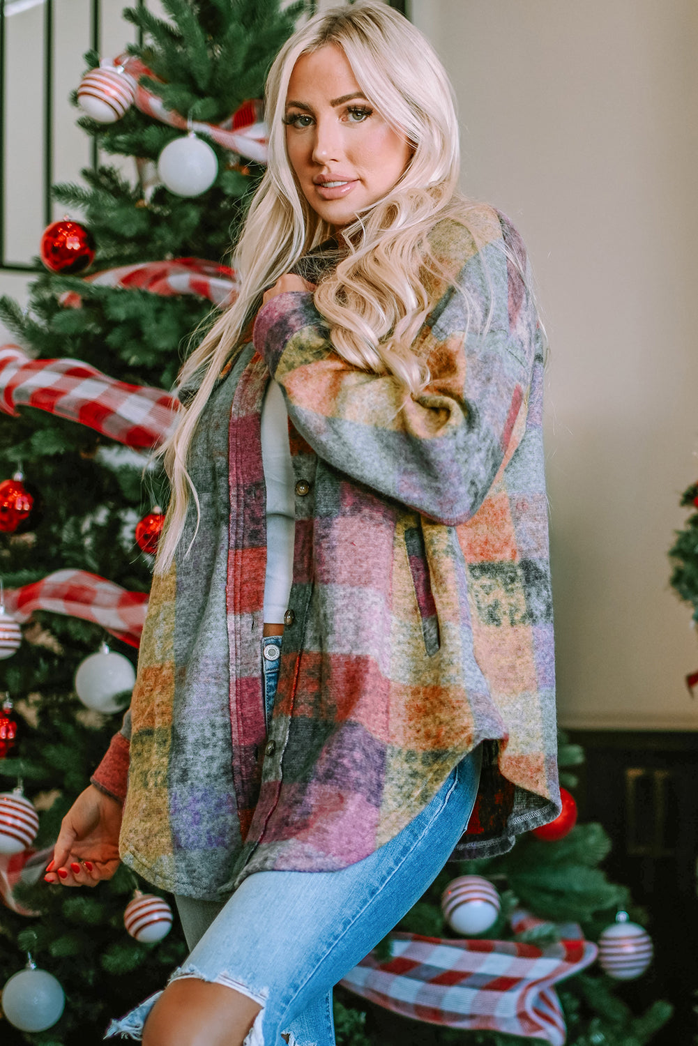 MultiColour Brushed Plaid Pocketed Oversize Shacket eAura