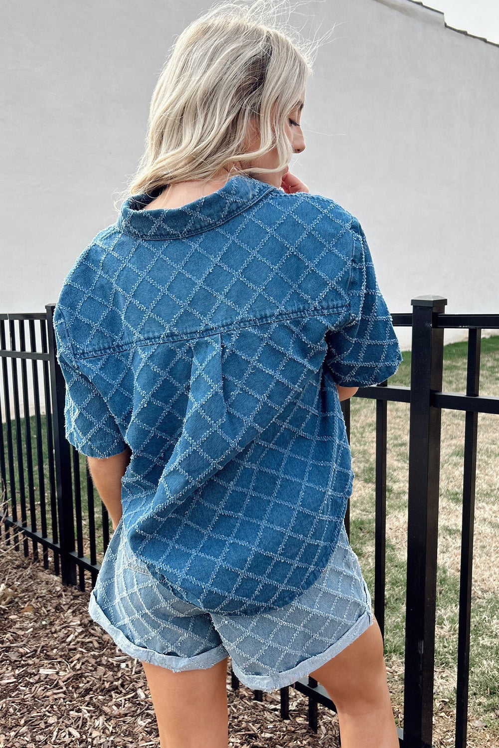 Dusk Blue Checkered Textured Short Sleeve Patched Pocket Denim Shirt eAura