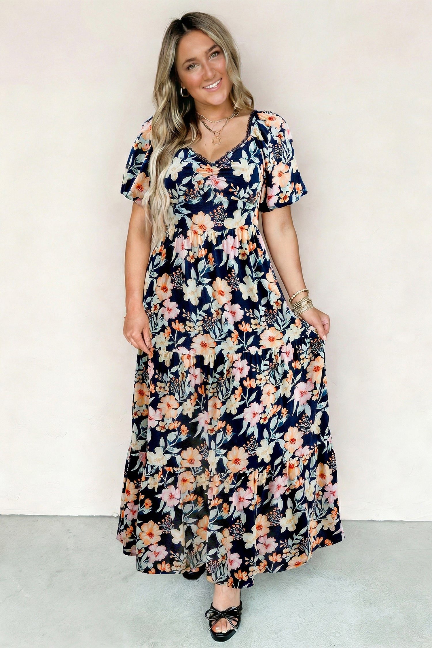 Short Sleeve Smocked Detail High Waist Floral Maxi Dress