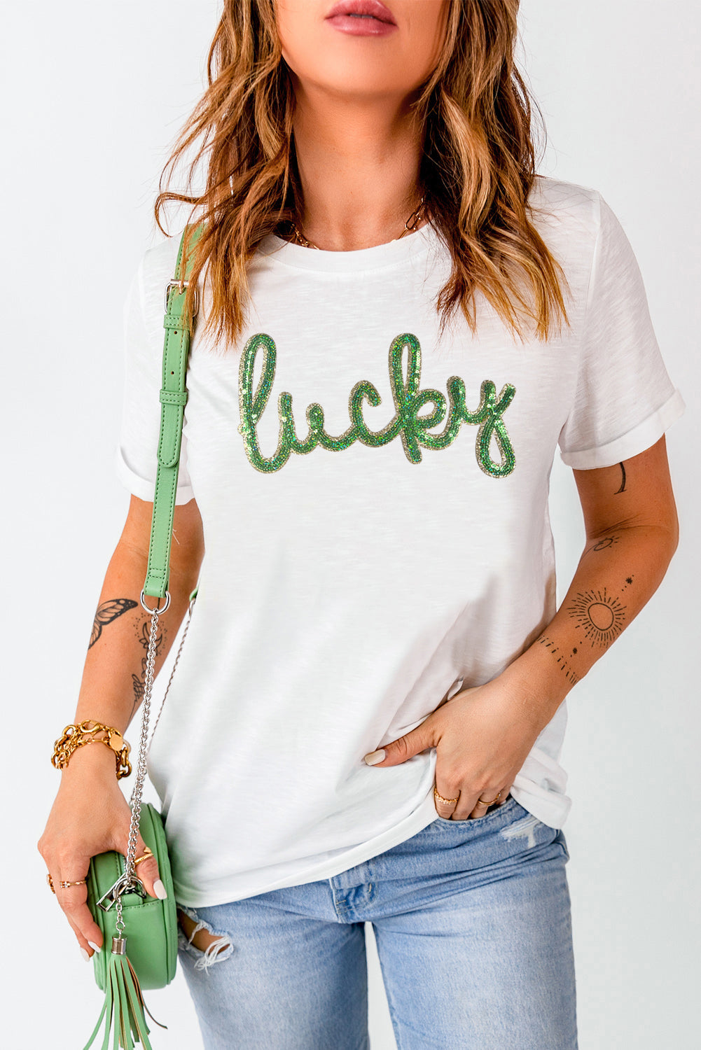 White Sequined Lucky St.Patricks Day Graphic Tee eAura