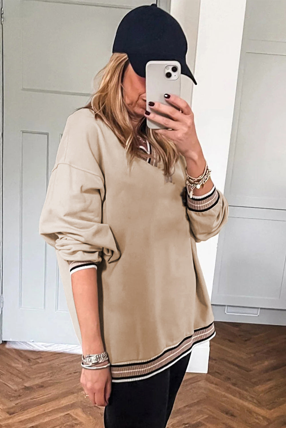 Grey Varsity Contrast Striped Trim V-Neck Sweatshirt - eAura