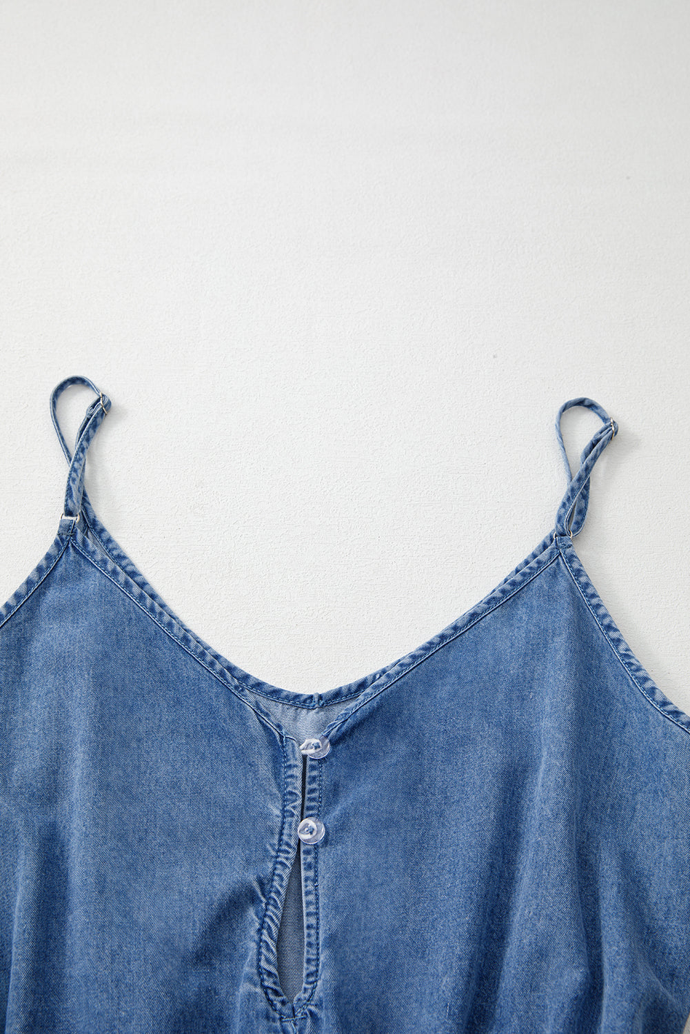 Ashleigh Blue Spaghetti Straps V Neck Belted Ruffled Leg Chambray Romper eAura