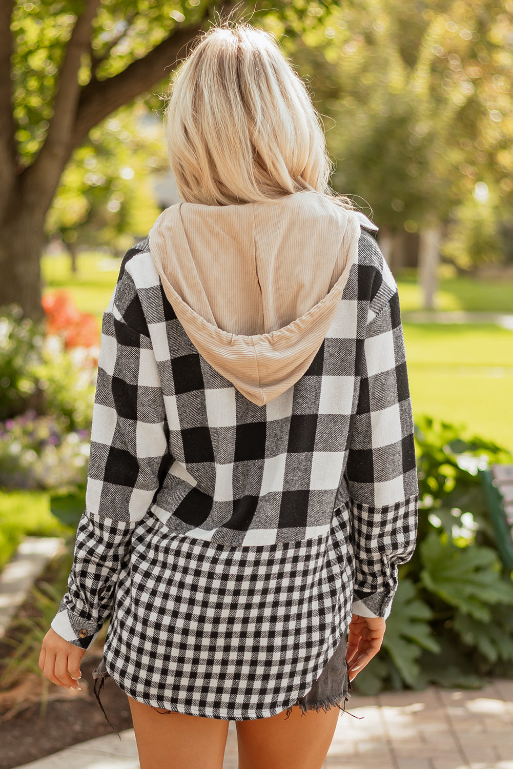 Black Double Plaid Patchwork Drawstring Hooded Shacket eAura