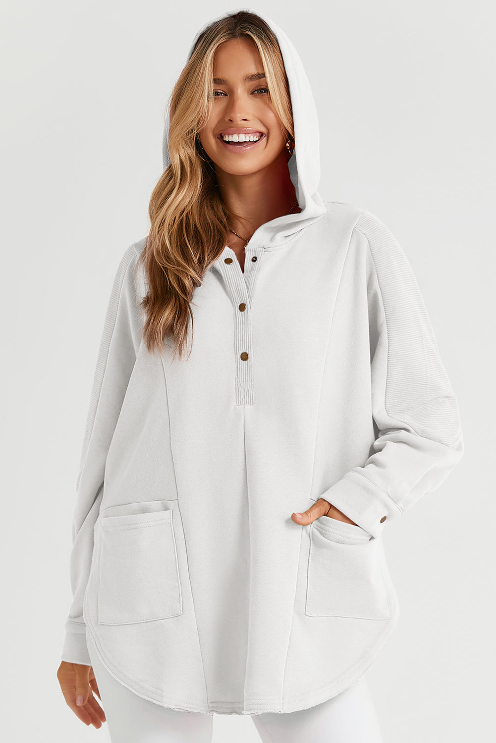 White Patchwork Side Pockets Oversized Henley Hoodie eAura