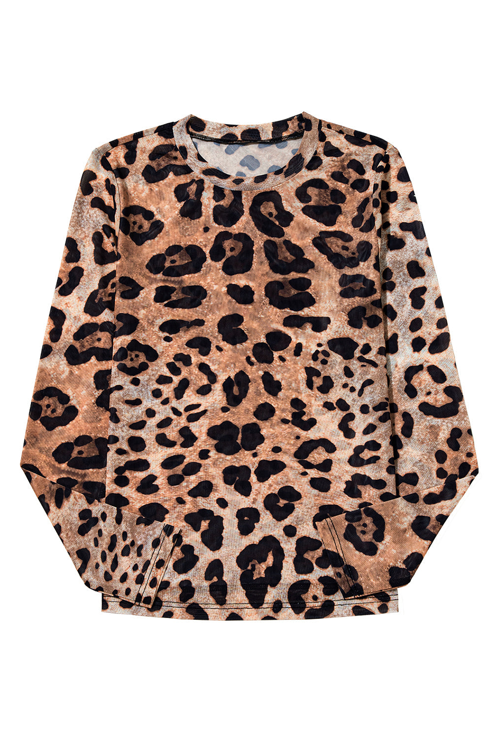 Brown Leopard Round Neck Long Sleeve Slim Top eAura