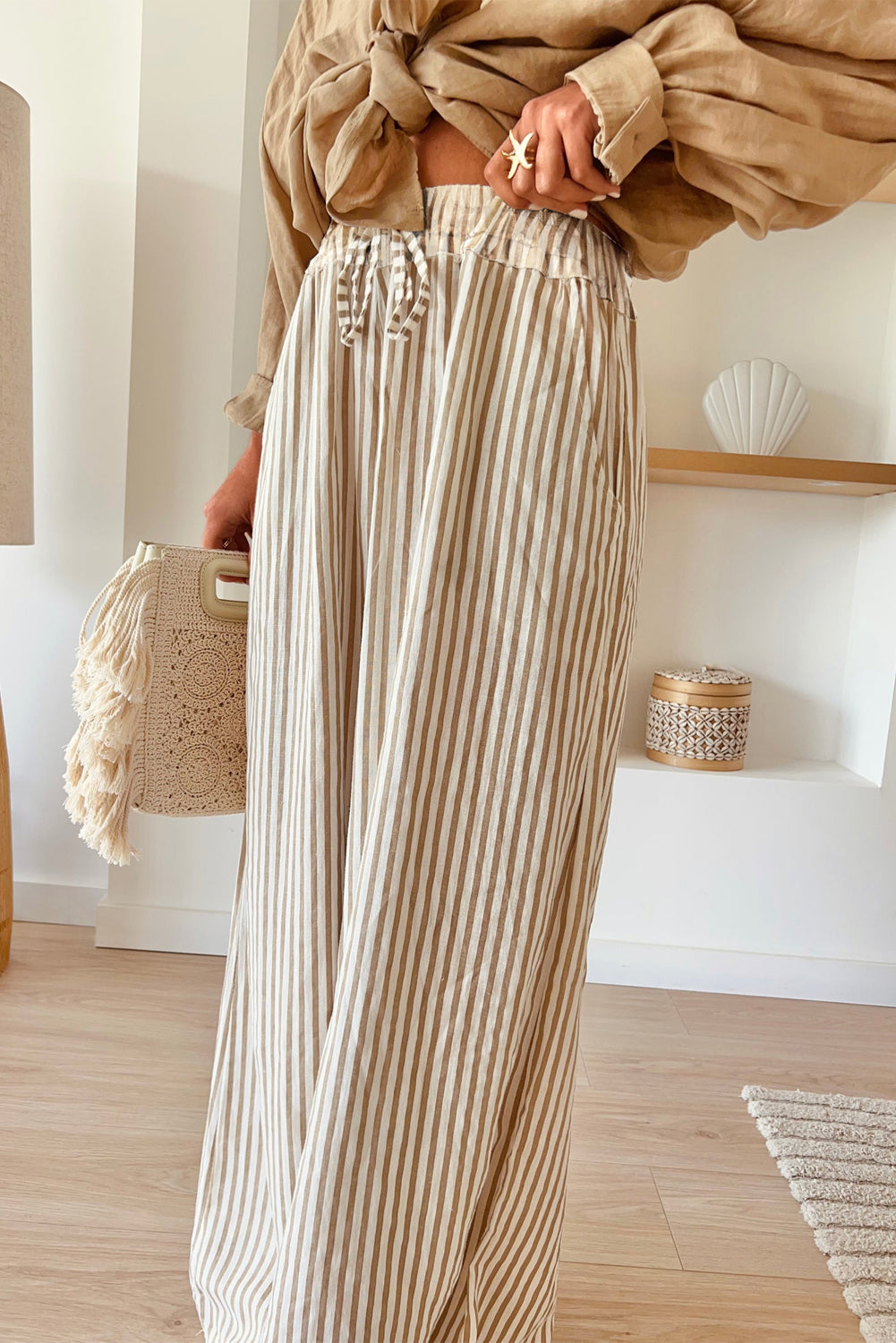 Khaki Stripe Print Wide Leg Drawstring Trousers eAura