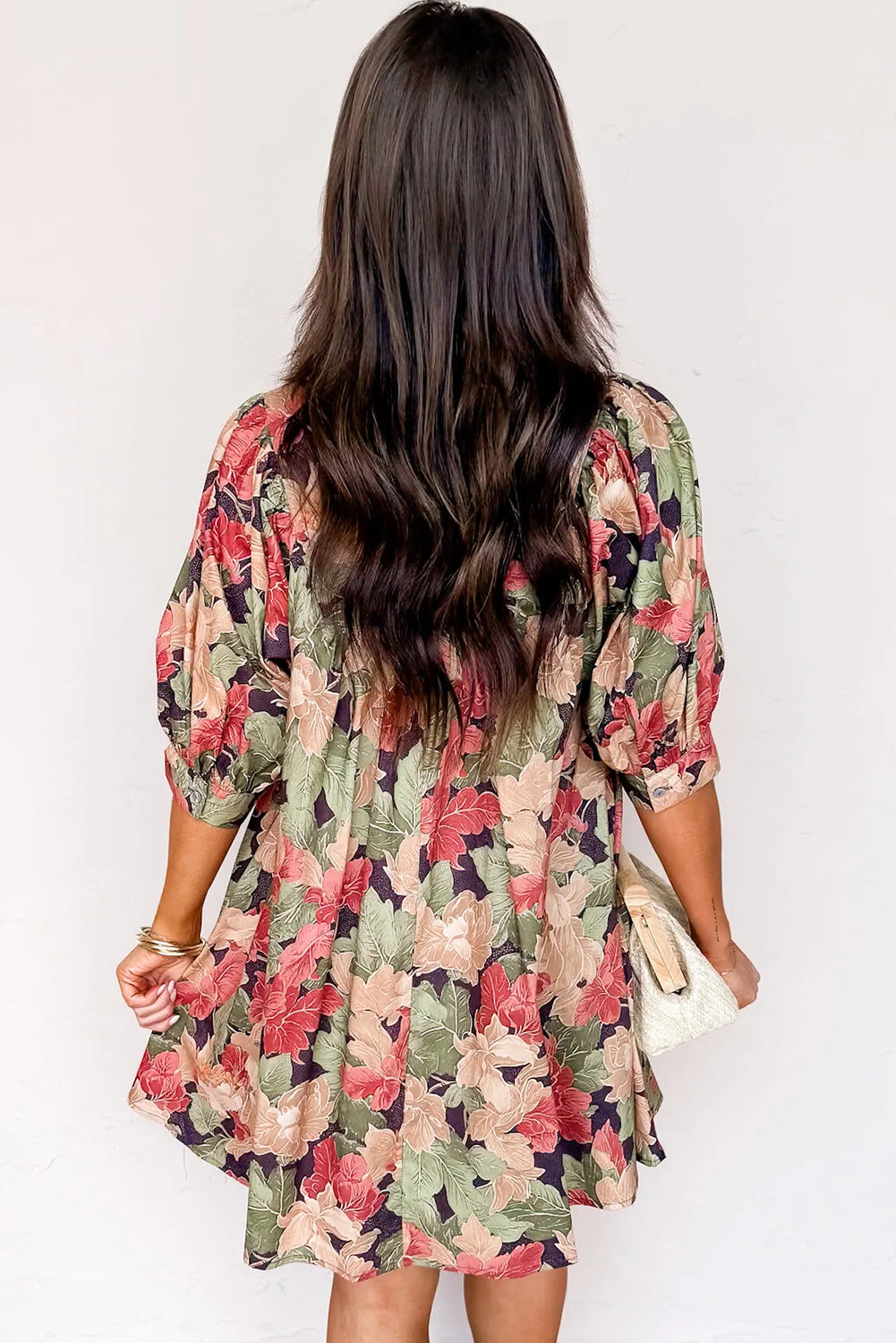 Floral Print Frilled Collar V-Neck Half Sleeve Mini Dress - eAura